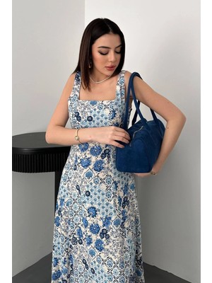 Caddebostan Moda Çiçek Desenli Kare Yaka Viskon Elbise