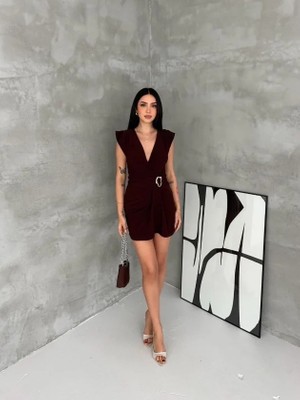 Efnaz Style Kruvaze Drapeli Tokalı Mini Elbise Şık Gece Davet Abiye - Kahverengi