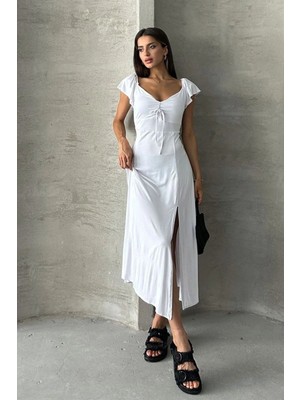 Caddebostan Moda Beyaz Düz Viskon Derin Yırtmaç Elbise Modern Premium Luxury Trend Tasarım Elbise