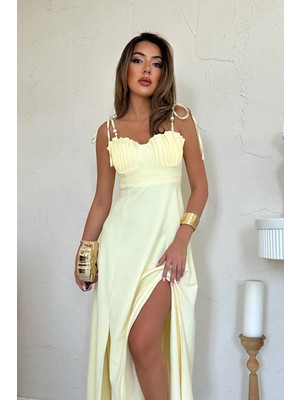 Caddebostan Moda Toptan Sarı Yırtmaçlı Göğüs Kuplu Atlas Elbise