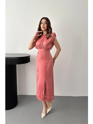 Caddebostan Moda Helen Model Saten Yırtmaçlı Midi Boy Şık Abiye Elbise