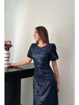 Caddebostan Moda Kadın Pul Payetli Kısa Kollu Midi Boy Abiye Gece Elbisesi