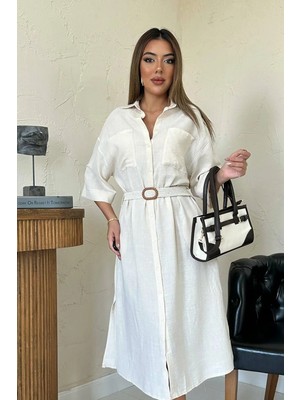 Caddebostan Moda Kemerli Gömlek Yaka Cepli Keten Elbise