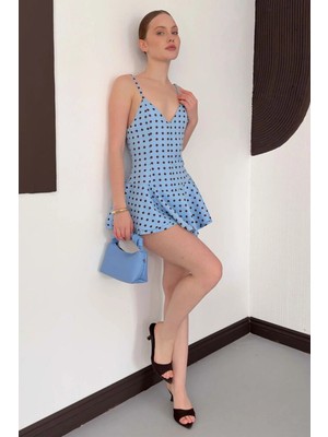 Caddebostan Moda Puantiyeli Ince Askılı V Yaka Volanlı Mini Elbise