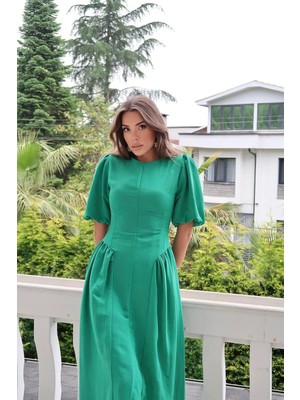 Caddebostan Moda Arkadan Bağlamalı Büzgülü Balon Kol Keten Elbise