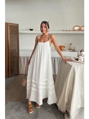Caddebostan Moda Kadın Askılı Boncuk Detaylı Müslin Maxi Boy Salaş Plaj Elbisesi