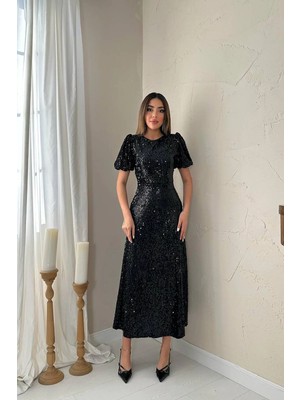 Caddebostan Moda Kadın Pul Payetli Kısa Kollu Midi Boy Abiye Gece Elbisesi