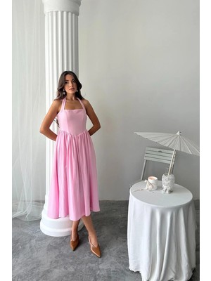Caddebostan Moda Boyundan Bağlamalı Keten Elbise Retro Model Kloş Kesim Midi Boy Yazlık Elbise