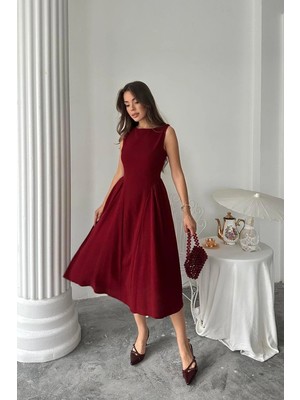 Caddebostan Moda Yanları Büzgülü Midi Boy Keten Elbise