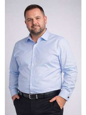 Dicotto Mavi Ekstra Büyük Yaka 4 Drop Rahat Kesim Micro Kumaş Kol Düğmeli Regular Fit Erkek Gömlek // 189-4
