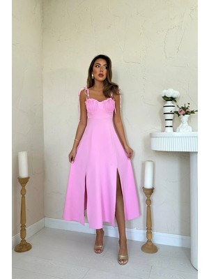 Caddebostan Moda Toptan Sarı Yırtmaçlı Göğüs Kuplu Atlas Elbise