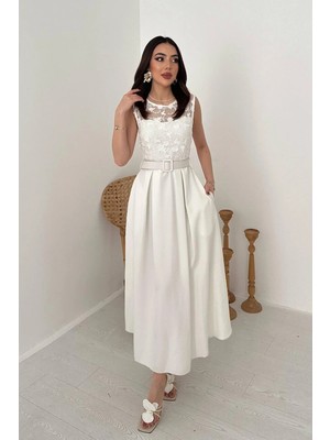 Caddebostan Moda Güpür Dantel Detaylı Kemerli Midi Boy Şık Abiye Elbise