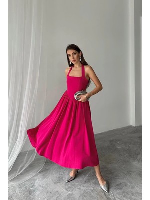 Caddebostan Moda Boyundan Bağlamalı Keten Elbise Retro Model Kloş Kesim Midi Boy Yazlık Elbise