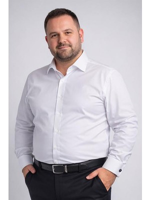Dicotto Beyaz Ekstra Büyük Yaka 4 Drop Rahat Kesim Micro Kumaş Kol Düğmeli Regular Fit Erkek Gömlek // 189-1