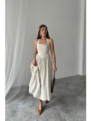 Caddebostan Moda Boyundan Bağlamalı Keten Elbise Retro Model Kloş Kesim Midi Boy Yazlık Elbise