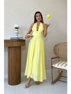 Caddebostan Moda Boyundan Bağlamalı Göğüs Dekolteli Maxi Boy Keten Elbise