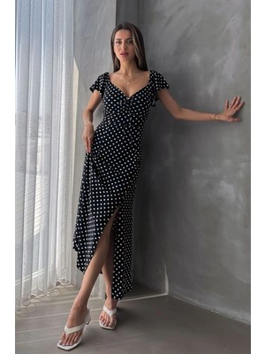 Caddebostan Moda Çiçek Desenli Yırtmaçlı Gipe Detaylı Kısa Kollu Midi Boy Yazlık Elbise