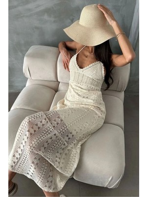 Caddebostan Moda Kadın Ip Askılı V Yaka Dantel Detaylı Midi Boy Şık Yazlık Elbise