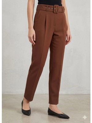 İnci Ersöz Pantalon Kemerli Pileli Premium Kumaş Kahverengi 2444