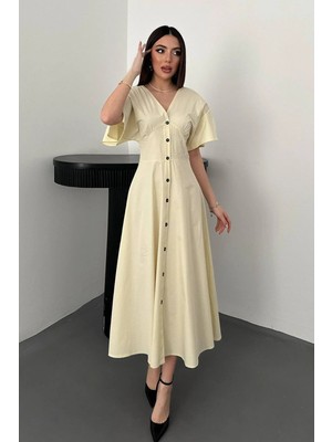 Caddebostan Moda V Yaka Düğmeli Poplin Midi Boy Volan Kollu Sırt Dekolteli Elbise