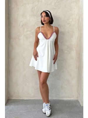 Caddebostan Moda V Yaka Ince Askılı Mini Tenis Elbisesi Çizgi Detaylı Kloş Elbise