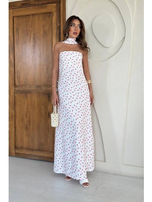 Caddebostan Moda Boyundan Fularlı Straplez Çiçek Desenli Saten Maxi Elbise