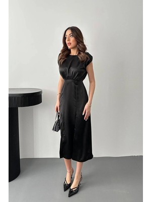 Caddebostan Moda Helen Model Saten Yırtmaçlı Midi Boy Şık Abiye Elbise
