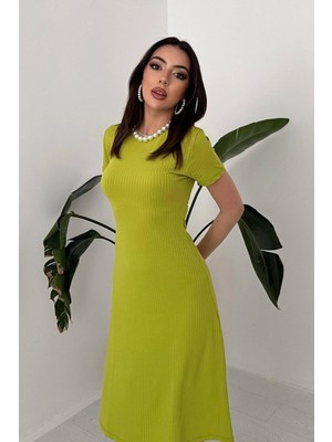 Caddebostan Moda Bisiklet Yaka Kısa Kollu Fitilli Midi Boy Kaşkorse Elbise
