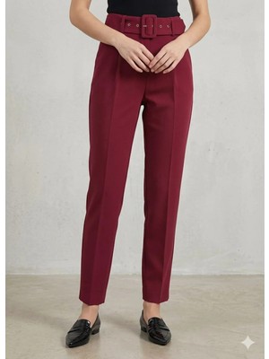 İnci Ersöz Pantalon Kemerli Pileli Premium Kumaş Bordo  2444