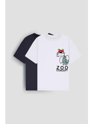 Perendi %100 Pamuk Ikili Zoo Baskılı Tişört Ikili Erkek Çocuk Oversize Tişört