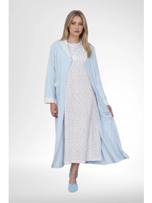 Mecit Pijama Mecit 6382 Mavi Kadın Uzun Sabahlıklı Uzun Kollu Gecelik Takım