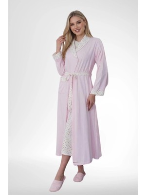 Mecit Pijama Mecit 6382 Pembe Kadın Uzun Sabahlıklı Uzun Kollu Gecelik Takım