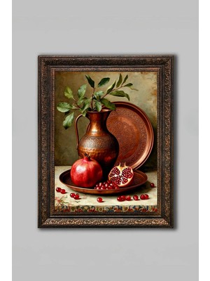 Camlı Vintage Çerçeveli Narlı Tepsi Tablosu  - Vintage Çerçeveli Tablo - Vintage Tasarım - Nar Tablosu - Vintage Wall Art