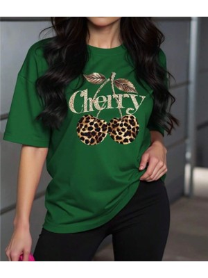 Nigrum Pardus Nıgrum Pardus Leopar Desenli Cheryy Baskılı %100 Pamuk Yeni Sezon Büyük Beden Kadın T-Shirt