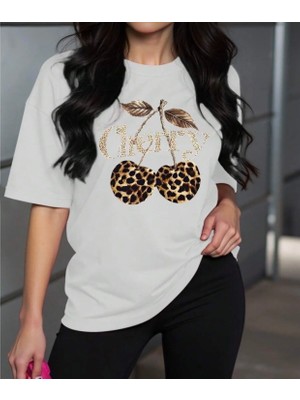 Nigrum Pardus Nıgrum Pardus Leopar Desenli Cheryy Baskılı %100 Pamuk Yeni Sezon Büyük Beden Kadın T-Shirt