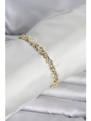 TKÇ Mey Ithalat® Pirinç Gold Renk Petek Model Zirkon Taşlı Kadın Bileklik