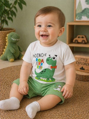 Durukoza Erkek Bebek Dinozor Baskılı Şortlu Takım %100 Pamuk Yazlık Omuz Düğmeli 1-4 Yaş