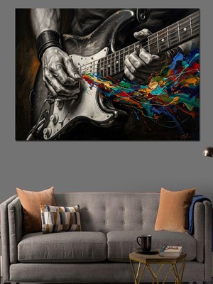 Tablomega Elektro Gitar ve Renkli Işıklar Dekoratif Kanvas - Mdf Ahşap Tablo