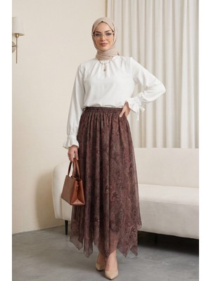 Moda Morfo Beli Lastikli Desenli Astarlı Şifon Etek  -Kahve