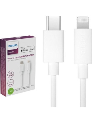 Zemheri Philips SWR1003/93 1 Metre Type-C To Lightning 20W Pd Hızlı Şarj ve Veri Kablosu Beyaz