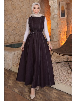 İmaj Butik Mürdüm Kemerli Cepli Kot Jile Elbise