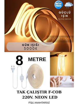 Ankara Teknik 220 Volt Cob Neon Led Günışığı (3000K) | F-cob Led | Yüksek Lümen | Dış-iç Mekan | 8 Metre