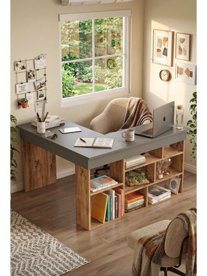 Yurudesign Tywin Modern Tasarımlı Çam-Antrasit Kitaplık Raflı Çalışma Masası Suntalam Malzemeden CT5-AA
