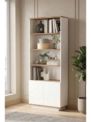 Yurudesign Future 168 cm Kitaplık Raflı 2 Kapaklı Modern Tasarım Çam-Beyaz Geniş Depolama FR16-AW
