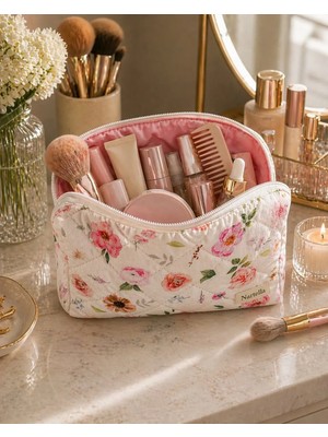 Nartella Pembe Çiçek Desenli Kapitoneli Kozmetik ve Makyaj Çantası Büyük Boy Organizer Astarlı Elyaf Dolgulu