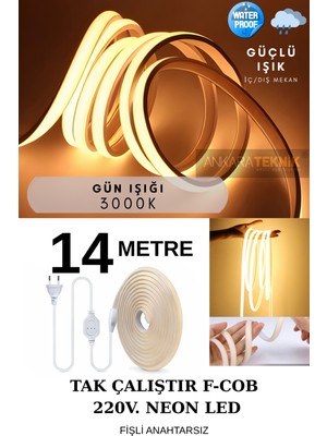 Ankara Teknik 220 Volt Cob Neon Led Günışığı (3000K) | F-cob Led | Yüksek Lümen | Dış-iç Mekan | 14 Metre