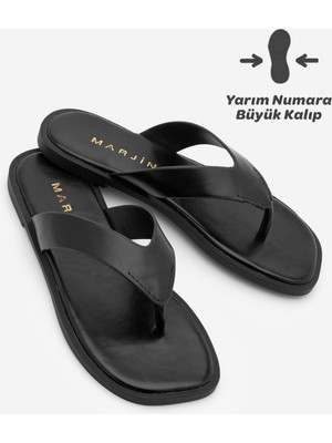 Marjin Kadın Kalın Bantlı Parmak Arası Düz Taban Günlük Terlik Gelon Siyah