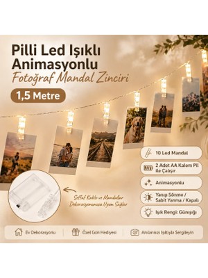 Orijinaldükkan Led Işıklı Fotoğraf Asma Mandalları Pilli Animasyonlu 10 lu 1,5 Metre Zincir Dekoratif Aydınlatma