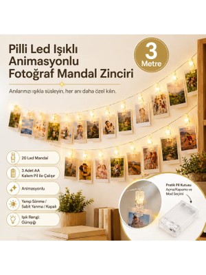 Orijinaldükkan 3 Metre Led Işıklı Fotoğraf Asma Mandalları Pilli Animasyonlu 20 li Zincir Dekoratif Aydınlatma