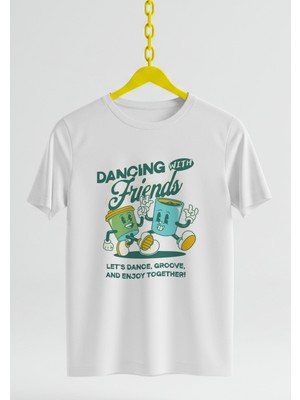 Ontunew Dancing With Friend Baskılı Retro Vintage Standart Kalıp Bisiklet Yaka Pamuklu Kadın ve Erkek Tshırt